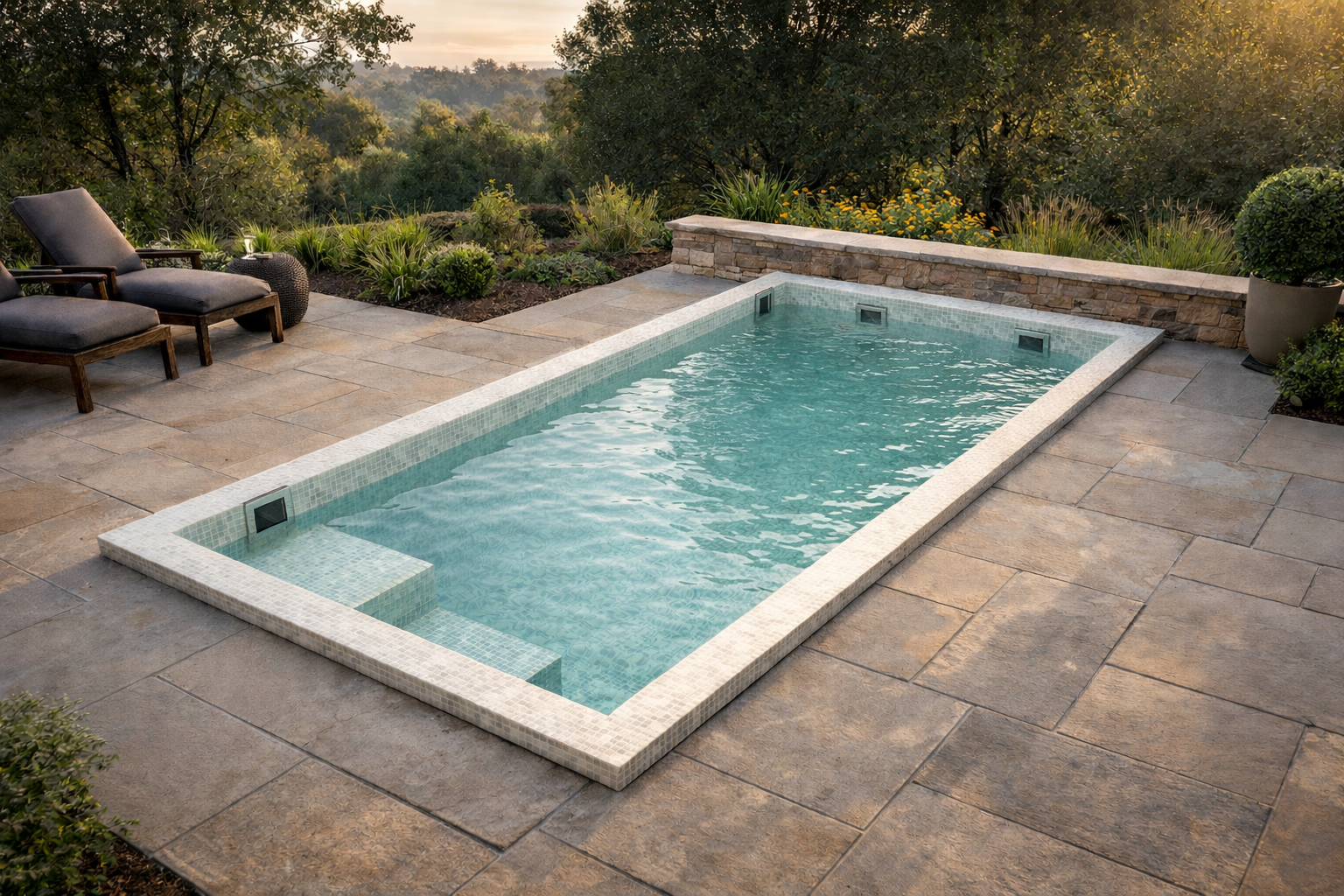Riverian photoreal render — terrace pool in its final environment